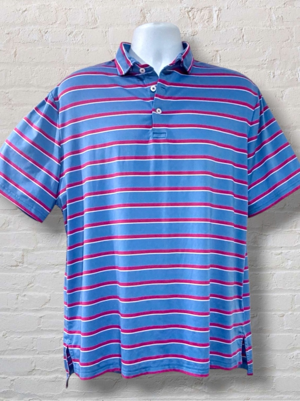 RLX Ralph Lauren Golf Polo Large Blue Pink Stripe Performance Stretch Shirt